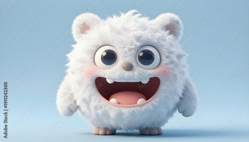 Obraz premium Cute fluffy white monster with big eyes and wide smile, isolated on a soft blue background