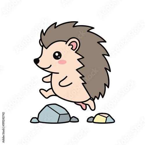 Cute cartoon hedgehog walking on rocks in flat design style illustration