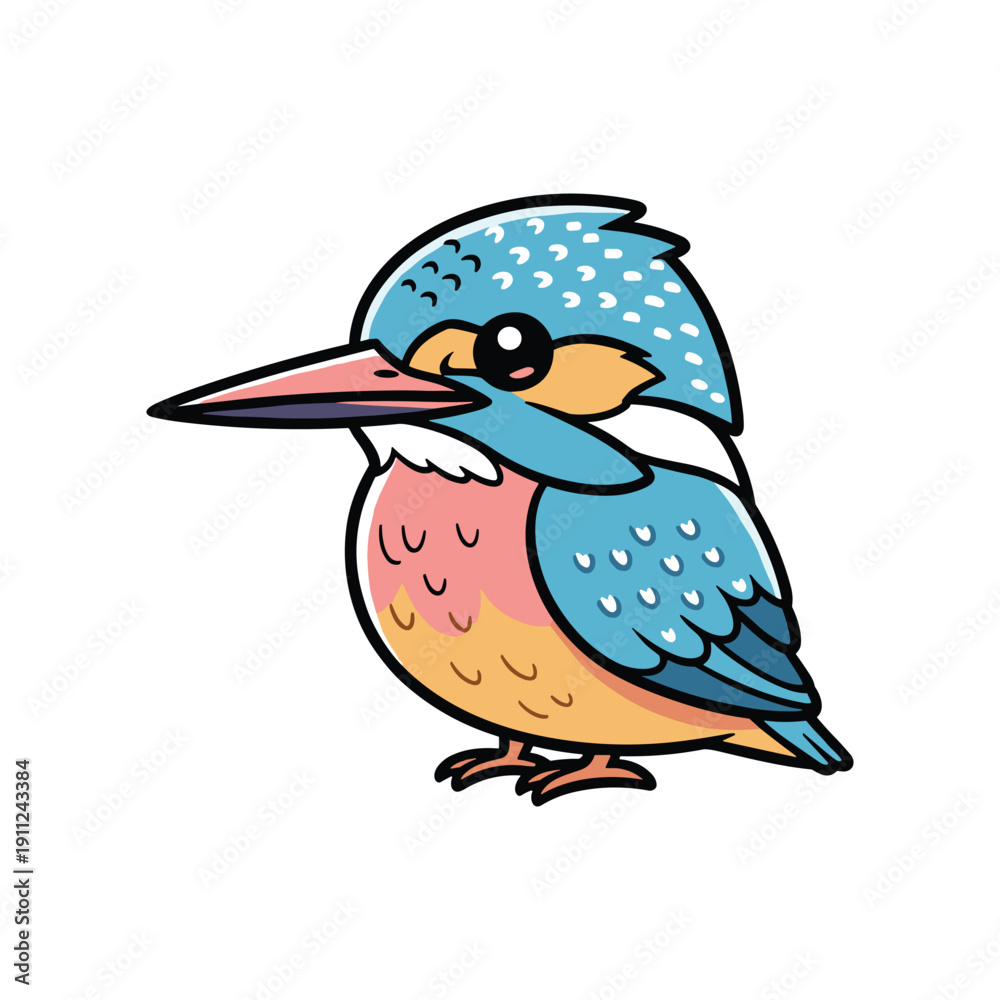 Obraz premium Colorful cartoon kingfisher bird perched isolated on white background illustration