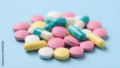Pile of colorful pharmaceutical pills and capsules scattered on a light blue background