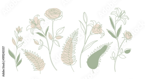 Watercolor Illustration of Various Wildflowers and Leaves.