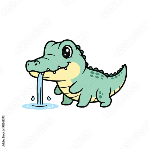 Cartoon green dinosaur drinking water from puddle cute playful vector illustration