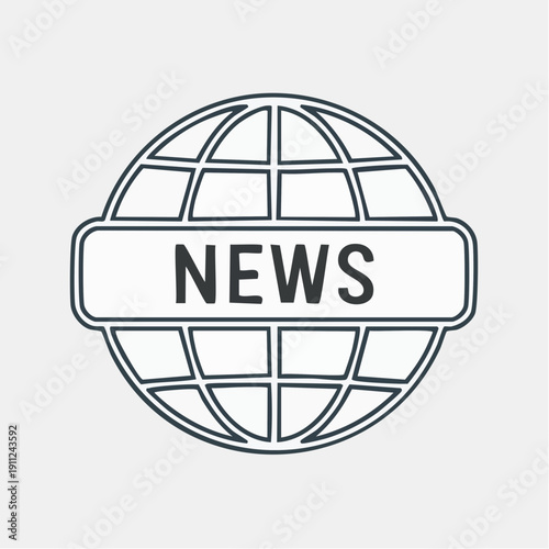 Line art icon of a globe with a banner displaying the word NEWS.