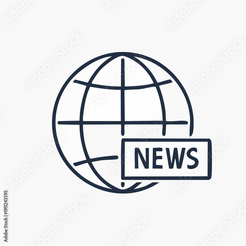 Minimalist line art icon of a world globe with a prominent 'NEWS' banner.