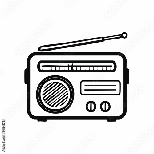 Black and white outline drawing of a vintage portable radio with an antenna.