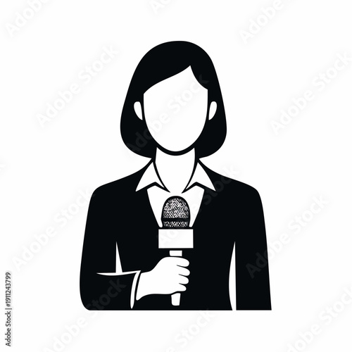 Black and white icon of a female reporter holding a microphone, representing journalism and broadcasting.