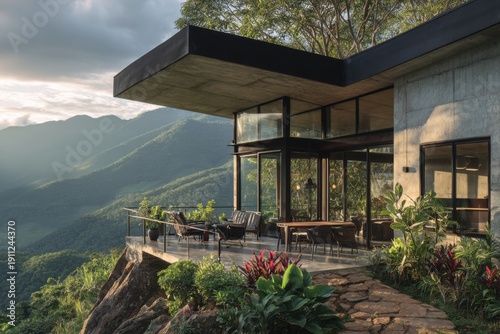 Modern house on a mountain with glass walls surrounded by trees and a view of hills during the afternoon with soft sunlight shining