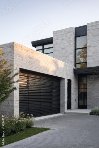 The contemporary house design showcases sleek, clean lines combined with expansive windows, all framed beautifully by a driveway bathed in the warm glow of late afternoon sunlight