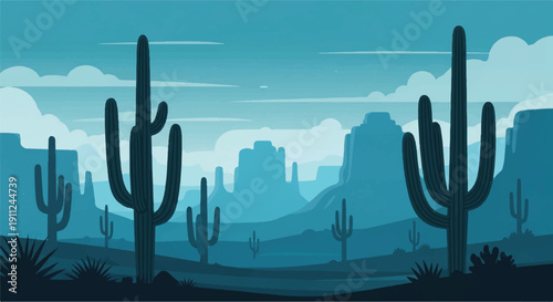 Serene Blue Desert Landscape with Cacti and Plants in a Tranquil Atmosphere