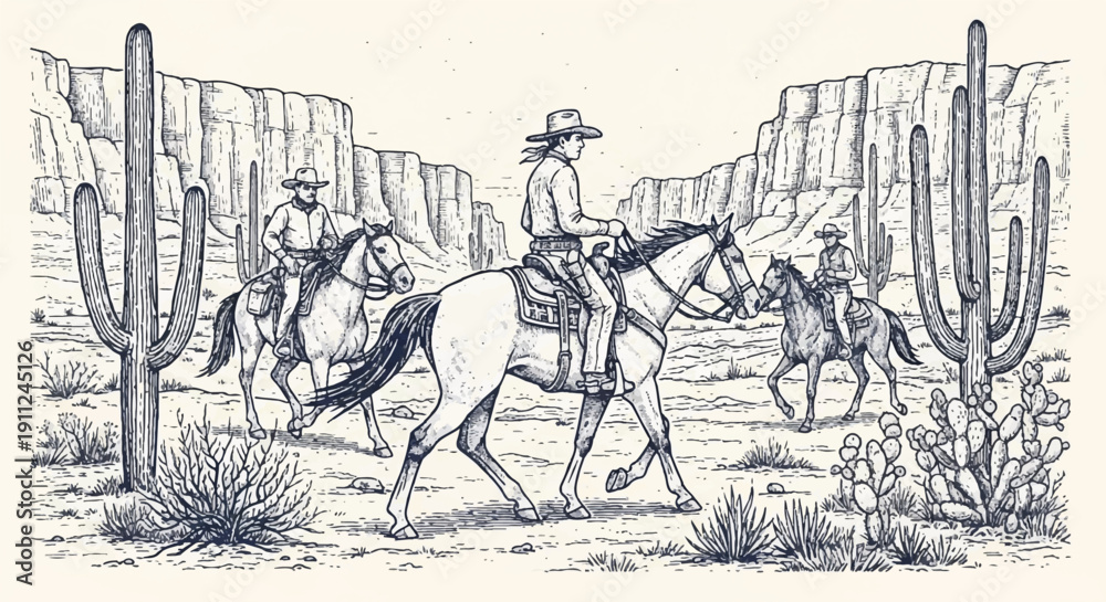Obraz premium Black and White Illustration of Three Cowboys Riding Horses Through Desert Landscape with Rocky Cliffs and Cacti