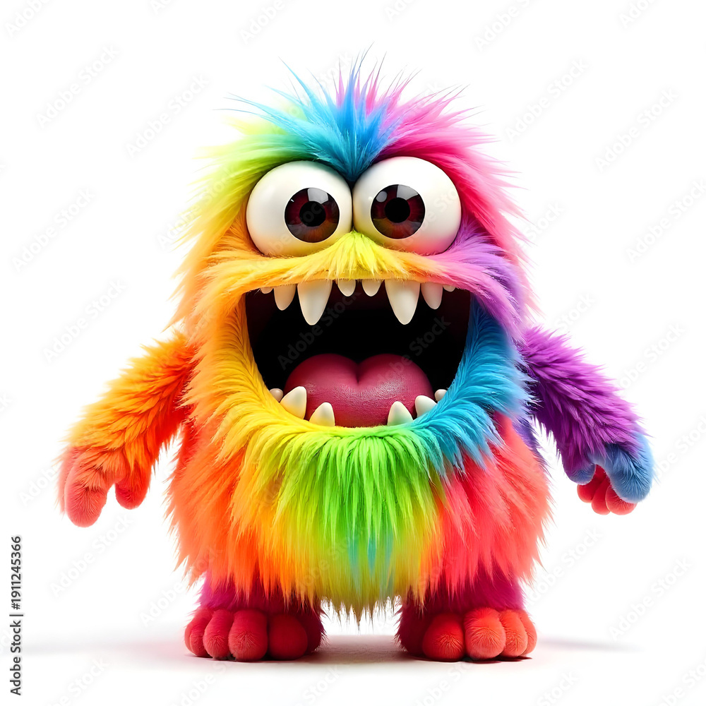 Obraz premium Furry rainbow monster with big eyes and open mouth, sharp teeth, and playful expression