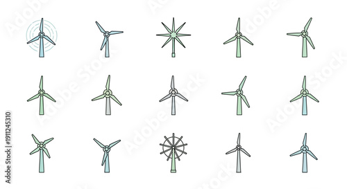 Illustrated collection of windmills with varying designs on a white background