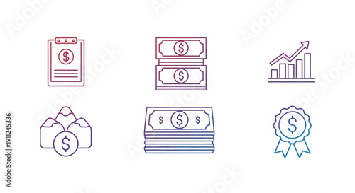 Illustrated Financial Concepts Depicting Currency, Growth, and Economic Success, Visuals