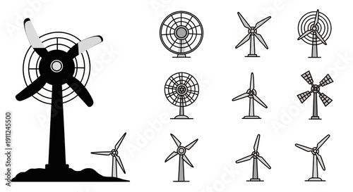 Illustration depicting various wind turbines and fan designs in a minimalist style