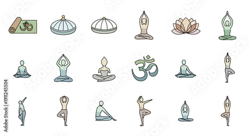Illustration depicting various yoga poses, symbols, and elements of mindfulness and well-being