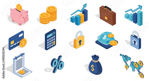 Isometric Financial Icons Illustrating Savings, Investments, And Global Economic Concepts