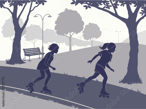 Two girls roller-skating in a city park. Concepts of summer vacation, active lifestyle, leisure, friendship, and freedom.