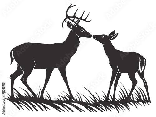 A black and white silhouette of a pair of deer: a noble male and female in a moment of tenderness in a meadow