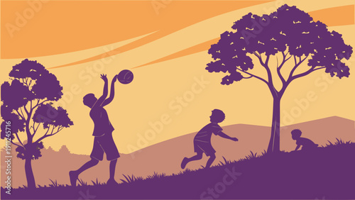 African childhood at sunset - silhouettes of children playing in the savannah.
