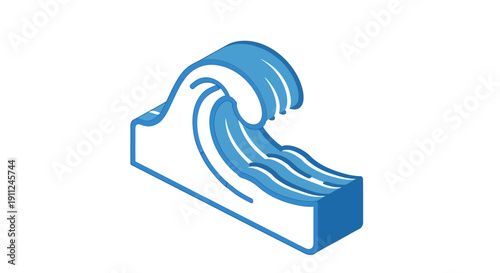 Isometric illustration of a blue ocean wave on a white background, minimal design