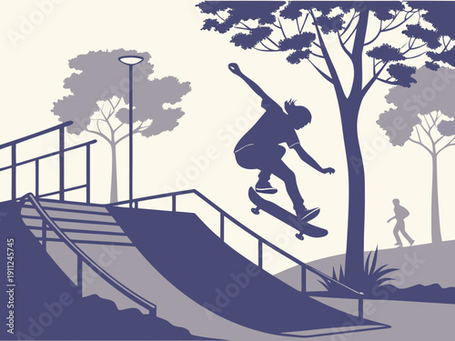 A silhouette of a skateboarder taking a high jump at a skate park: a concept of freedom, extreme sports, and urban youth culture