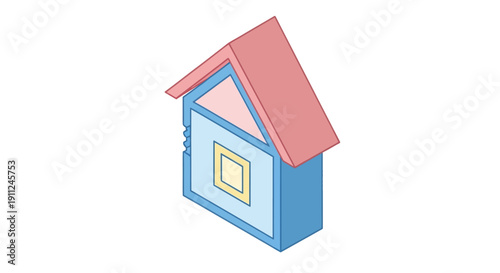 Isometric illustration of a colorful, simple house with blue walls and a red roof