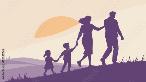 Vector silhouette of a happy family with children on a walk