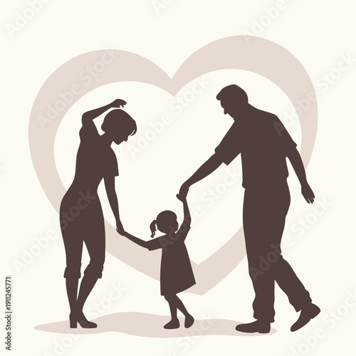 Silhouette of a family with a child against the background of a heart – the concept of love, parenthood and family values