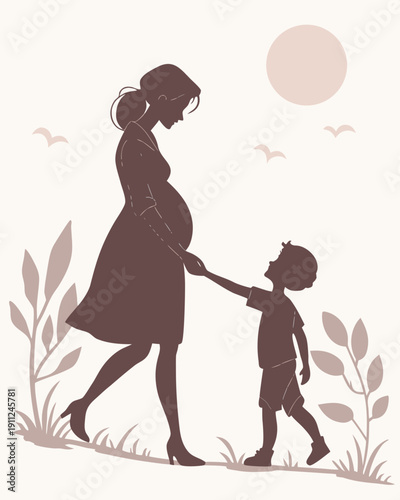 The silhouette of a pregnant mother holding her older child by the hand represents the anticipation of a new life and the strength of the maternal bond.
