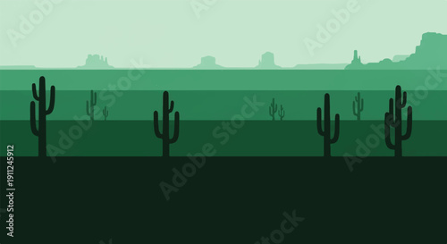 Digital Illustration of Minimalist Desert Landscape with Cacti, Flat Horizon, and Stark Open Sky