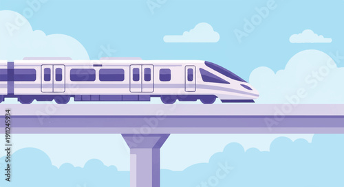 Sleek Modern Train Gliding Over Elevated Bridge Against Serene Blue Sky and Clouds