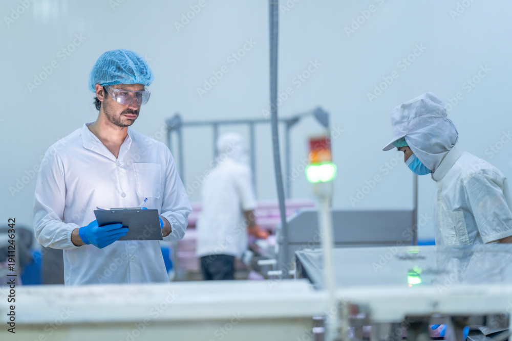Naklejka premium A quality control inspector in a food processing facility monitors production, ensuring hygiene, safety, and compliance with regulations in a modern industrial packaging line.