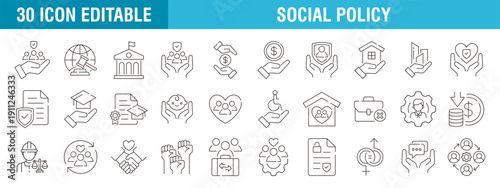 Collection of social policy icons, security, government, welfare, protection, family, vector template editable stroke EPS 10.