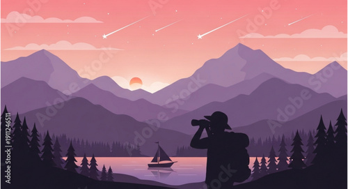 Flat Design Vector Illustration of a Backpacker Looking Through Binoculars at a Mountain Landscape with Shooting Stars