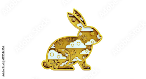 Ornate Golden Rabbit Silhouette with Cloud and Flower Motifs