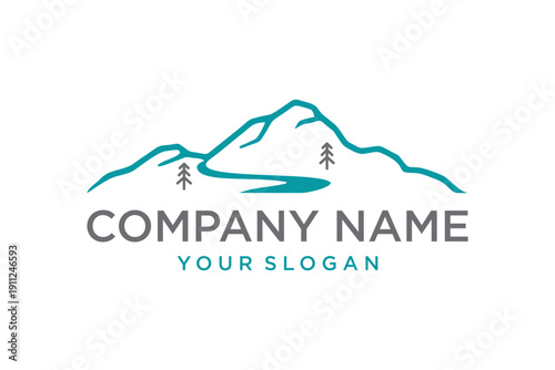 Minimalist Mountain River and Forest Logo Design