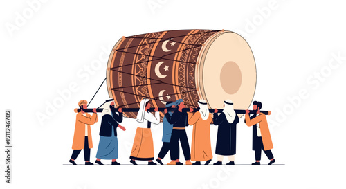 Illustration of a group of people in traditional clothing carrying a large wooden barrel on a white background with a cinematic feel and earthy tones.
