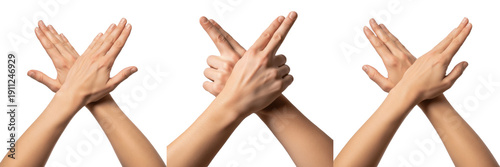 Foto Hand making hands crossed X gesture close-up isolated on white background, human