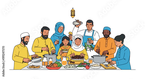Illustration of a diverse group of people from different cultures and faiths breaking fast together during Ramadan with traditional food and drinks on a table against a white background.