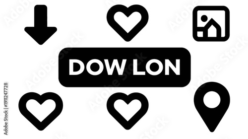 Essential black solid UI/UX icons set: download, heart, image gallery, location pin for web, app, and digital interfaces.