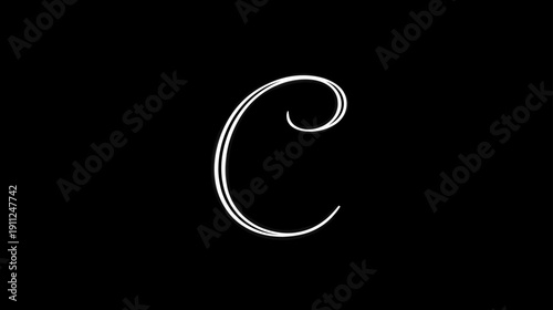 Decorative Letter C Initial in Elegant White Calligraphy with Double Line Style on Black Background