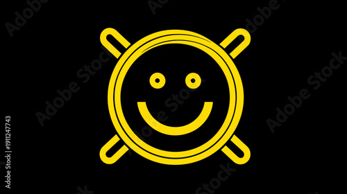 Stylized yellow smiley face icon on a black background, representing happiness, positivity, and joy with abstract lines.