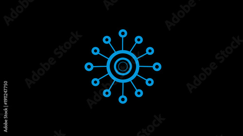 Abstract blue technological network connection icon. Digital data hub, scientific cell, or AI concept symbol on black background.