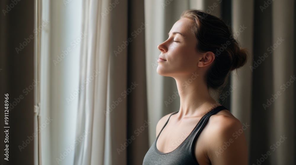 Fototapeta premium Serene woman in tank top with eyes closed and head tilted back, breathing deeply near a sunlit window with soft drapes, embodying mindfulness and peaceful relaxation.