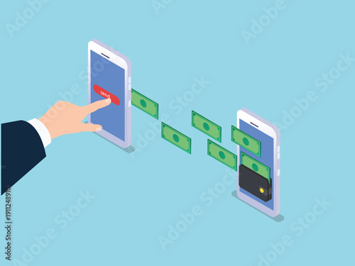 Mobile Money Transfer and Digital Wallet Payment 3d isometric vector illustration