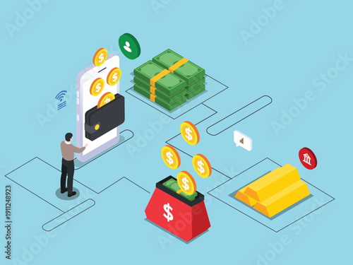 Digital Finance Concept with Mobile Wallet, Cash, Gold Bars, and Online Banking 3d isometric vector illustration