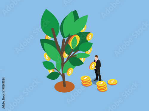 Businessman Harvesting Gold Coins from Growing Money Tree for Investment Profit 3d isometric vector illustration