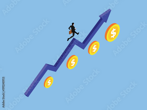 Businessman Running Up Growing Financial Arrow Toward Success and Profit 3d isometric vector illustration