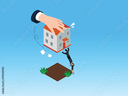 Home Repossession and Eviction Concept with Large Hand Taking House from Small Business People 3d isometric vector illustration