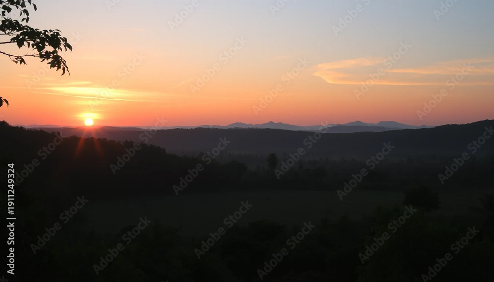 Obraz premium Serene horizon sunset above jungle trees